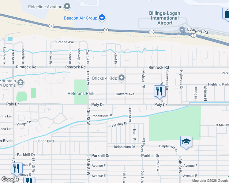 map of restaurants, bars, coffee shops, grocery stores, and more near 1127 Harvard Avenue in Billings