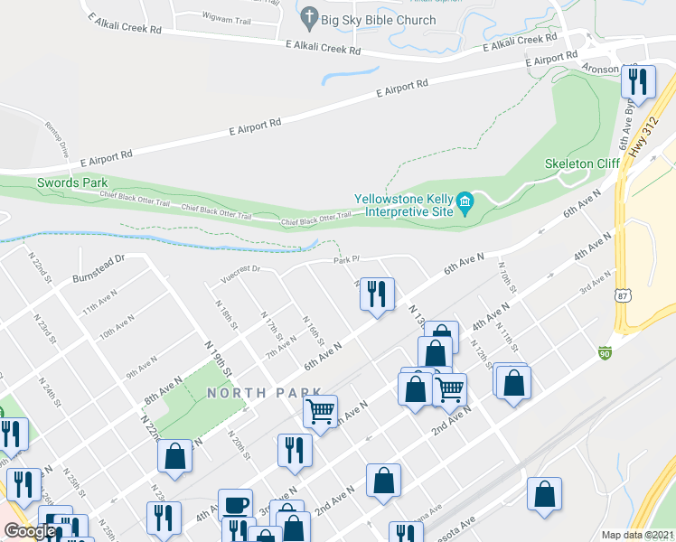 map of restaurants, bars, coffee shops, grocery stores, and more near 802 North 14th Street in Billings