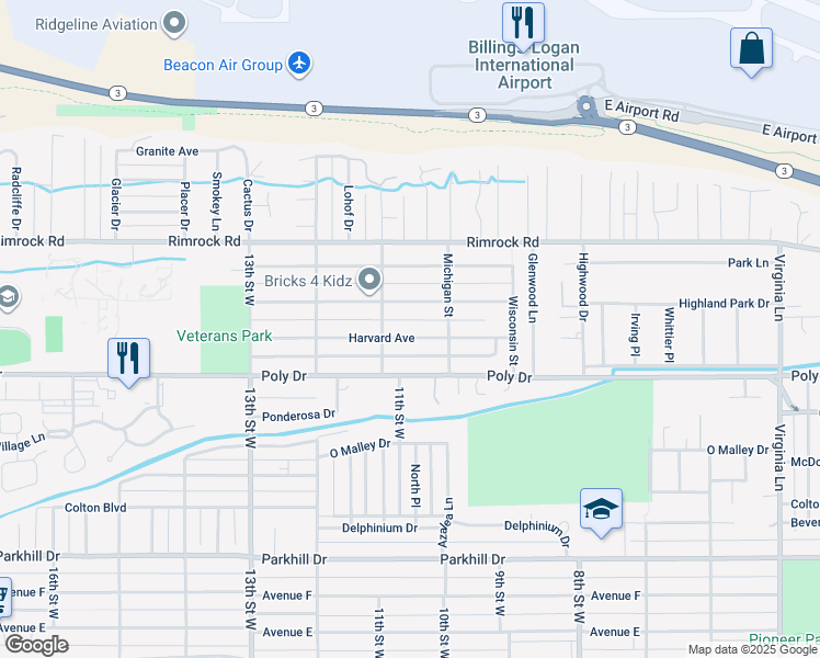 map of restaurants, bars, coffee shops, grocery stores, and more near 1040 Princeton Avenue in Billings