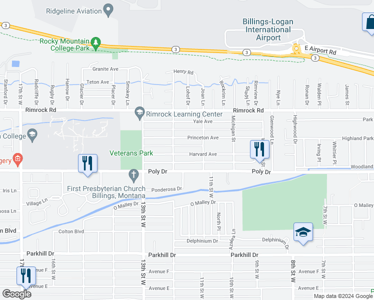map of restaurants, bars, coffee shops, grocery stores, and more near 1116 Princeton Avenue in Billings