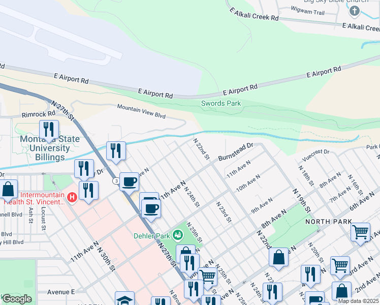 map of restaurants, bars, coffee shops, grocery stores, and more near 1131 1/2 North 23rd Street in Billings