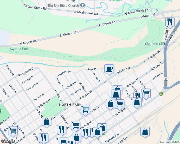 map of restaurants, bars, coffee shops, grocery stores, and more near 802 North 14th Street in Billings