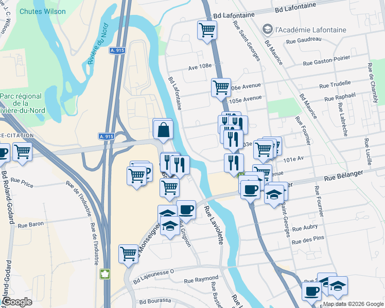 map of restaurants, bars, coffee shops, grocery stores, and more near 2088 Boulevard Lafontaine in Saint-Jérôme