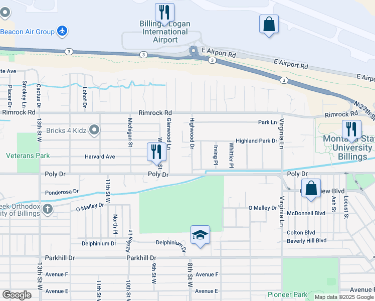map of restaurants, bars, coffee shops, grocery stores, and more near 2625-2675 Highwood Drive in Billings