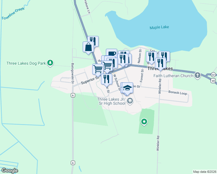 map of restaurants, bars, coffee shops, grocery stores, and more near 6966 Gogebic Street in Three Lakes
