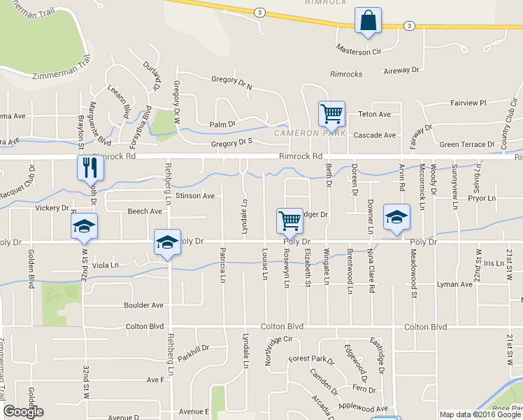 map of restaurants, bars, coffee shops, grocery stores, and more near 2634 Louise Lane in Billings