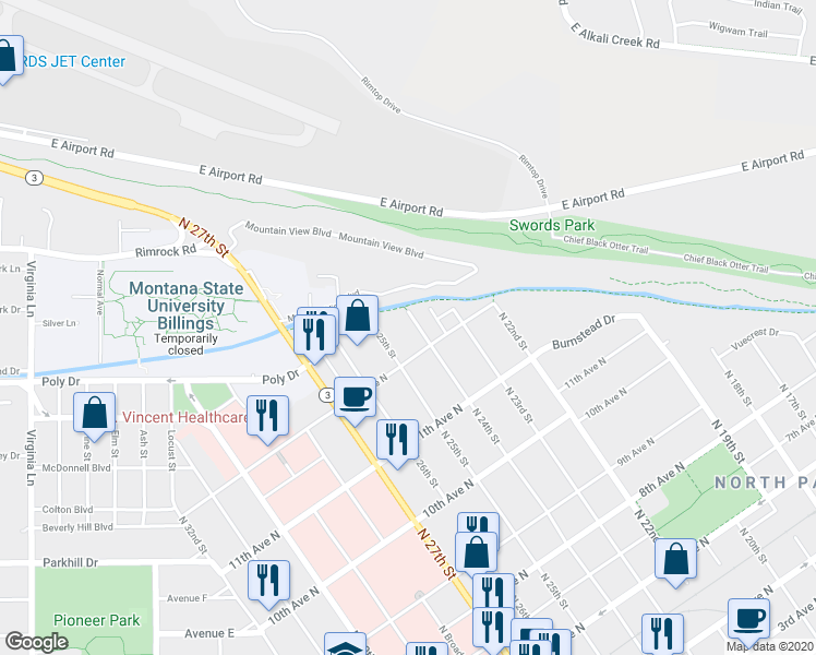 map of restaurants, bars, coffee shops, grocery stores, and more near 1234 North 24th Street in Billings