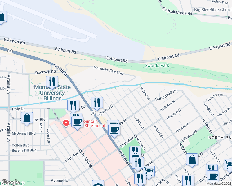 map of restaurants, bars, coffee shops, grocery stores, and more near 1234 North 24th Street in Billings