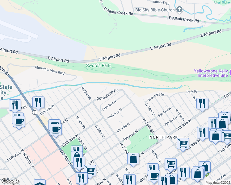 map of restaurants, bars, coffee shops, grocery stores, and more near 2022 Burnstead Drive in Billings