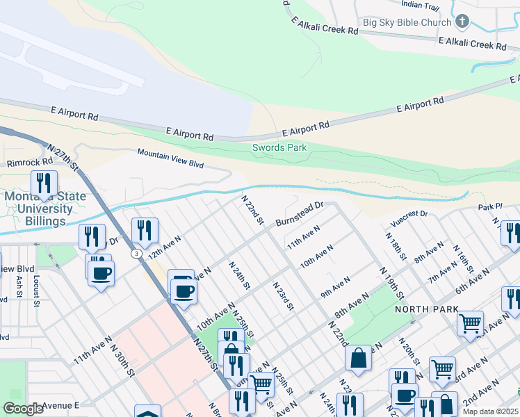 map of restaurants, bars, coffee shops, grocery stores, and more near 1105 North 22nd Street in Billings