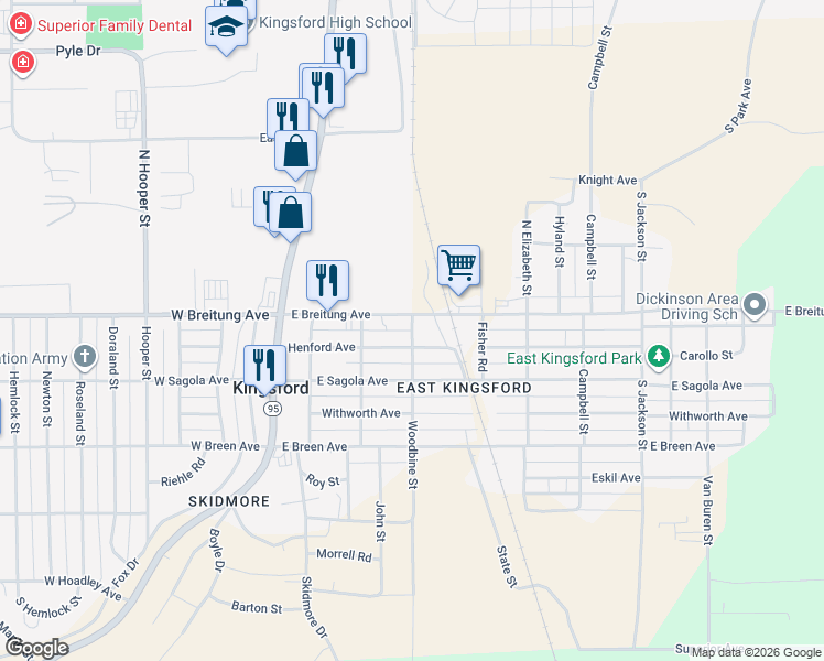 map of restaurants, bars, coffee shops, grocery stores, and more near 151 Woodbine Street in Kingsford