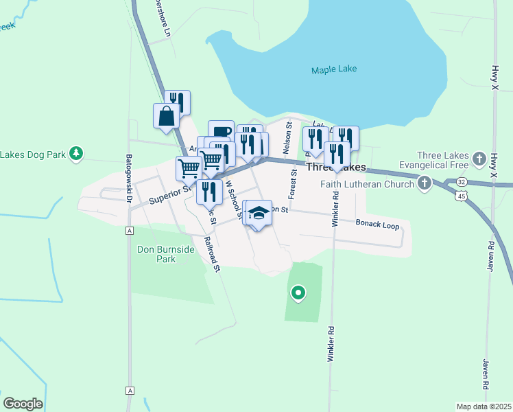 map of restaurants, bars, coffee shops, grocery stores, and more near 1766 Huron Street in Three Lakes