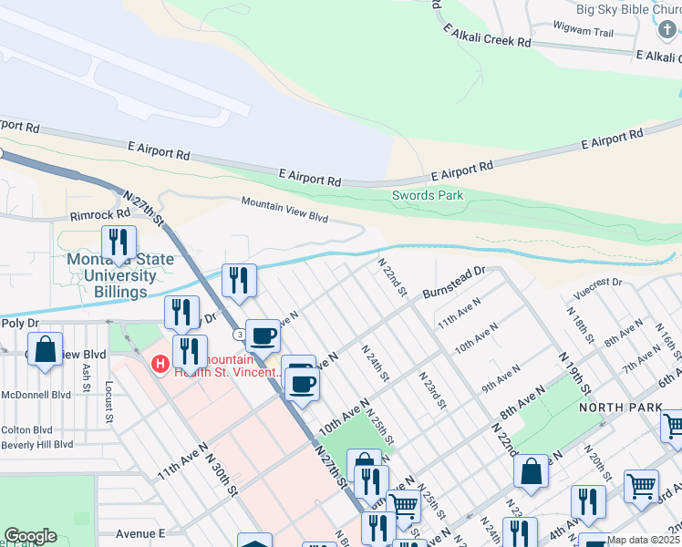 map of restaurants, bars, coffee shops, grocery stores, and more near 2307 12th Avenue North in Billings