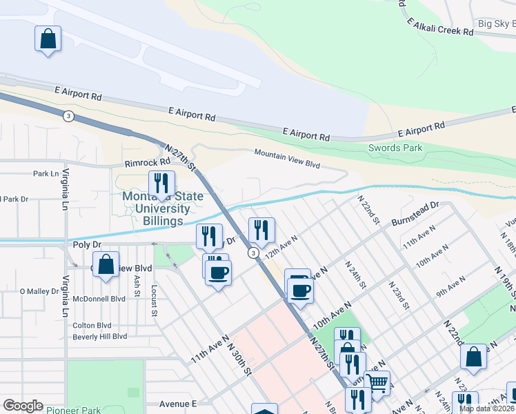map of restaurants, bars, coffee shops, grocery stores, and more near 1257 North 26th Street in Billings