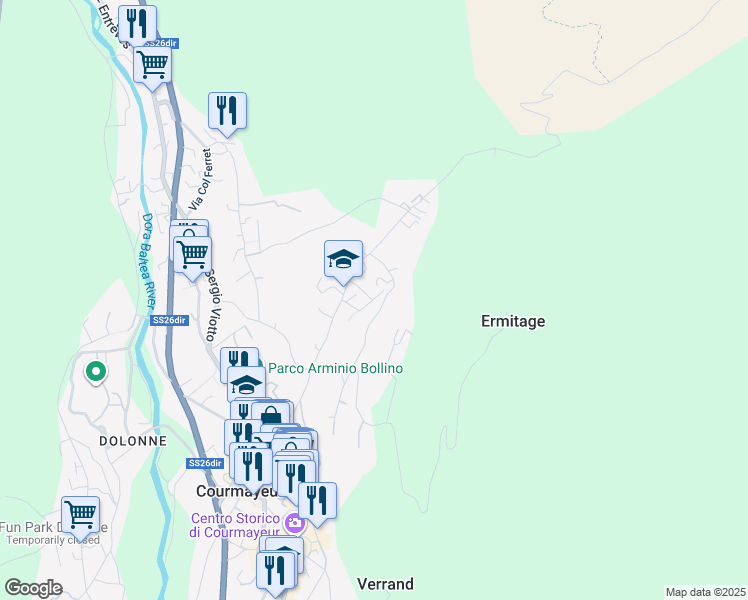 map of restaurants, bars, coffee shops, grocery stores, and more near 5 Via Rue Santa Barbara in Courmayeur