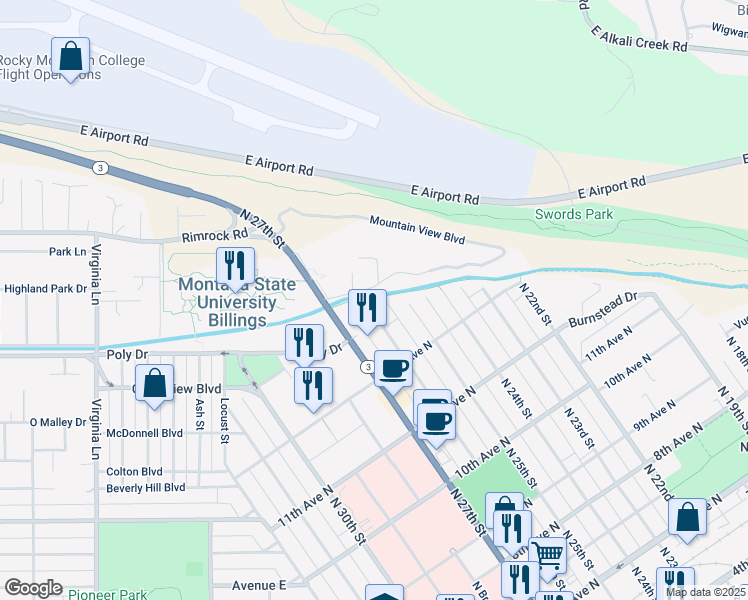 map of restaurants, bars, coffee shops, grocery stores, and more near 1257 North 26th Street in Billings