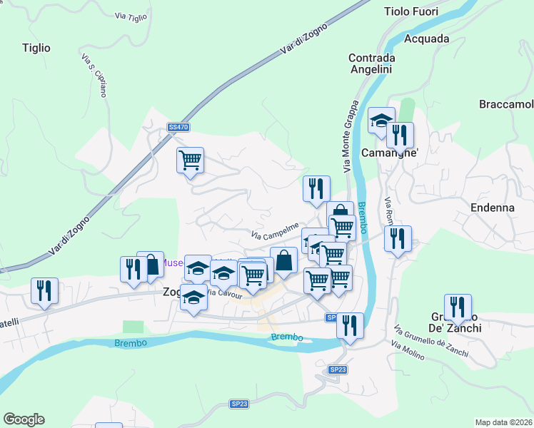 map of restaurants, bars, coffee shops, grocery stores, and more near 2 Via Cornella in Zogno
