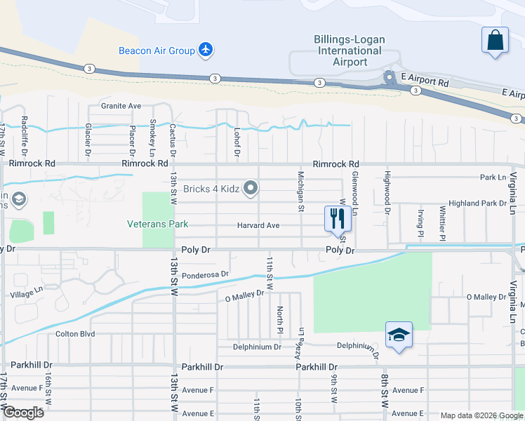 map of restaurants, bars, coffee shops, grocery stores, and more near 1040 Princeton Avenue in Billings