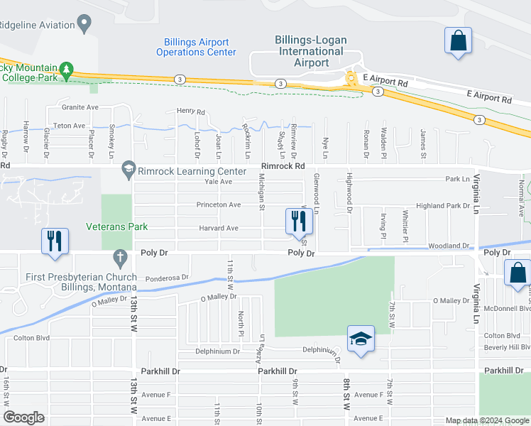 map of restaurants, bars, coffee shops, grocery stores, and more near 2619 Michigan Street in Billings