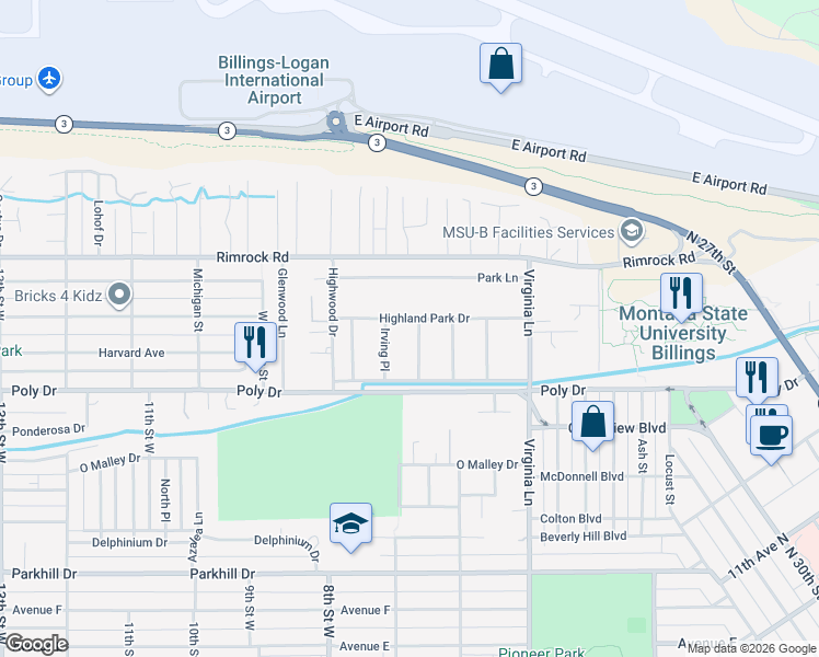 map of restaurants, bars, coffee shops, grocery stores, and more near 630 Highland Park Drive in Billings