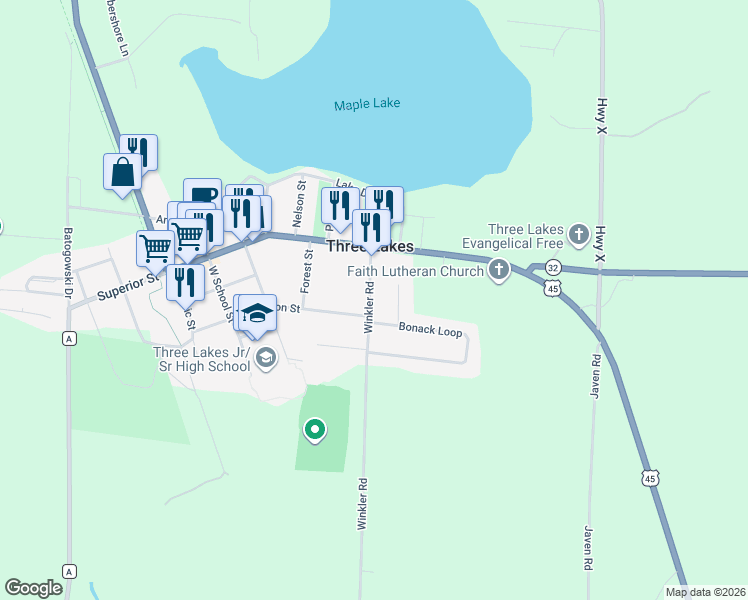 map of restaurants, bars, coffee shops, grocery stores, and more near 6964 Winkler Road in Three Lakes