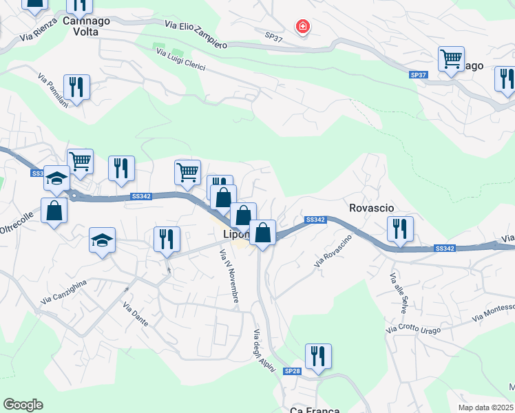 map of restaurants, bars, coffee shops, grocery stores, and more near 3 Via Torrente Cosia in Lipomo