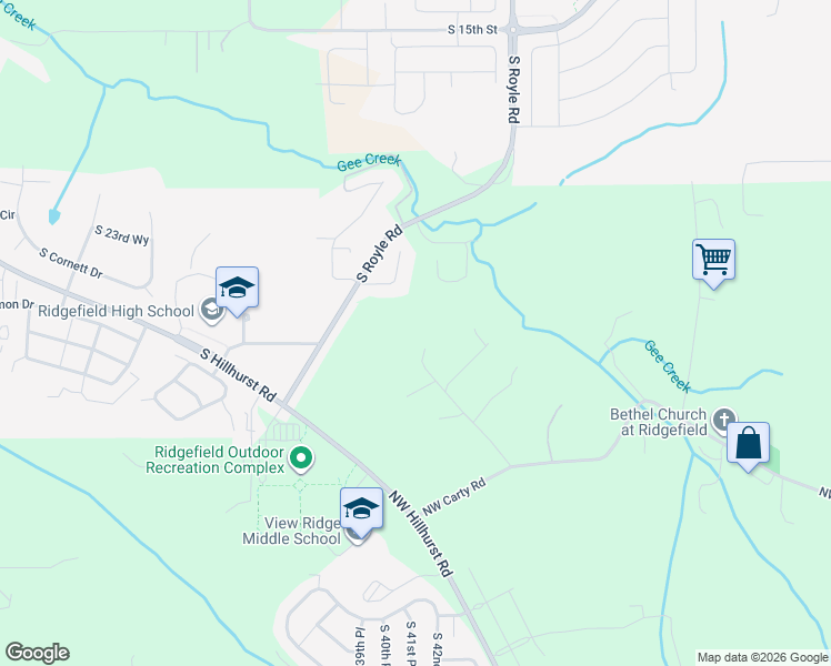 map of restaurants, bars, coffee shops, grocery stores, and more near 24217 Northwest Meuller Road in Ridgefield