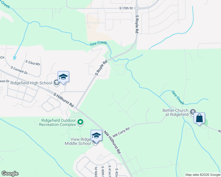 map of restaurants, bars, coffee shops, grocery stores, and more near 24217 Northwest Meuller Road in Ridgefield
