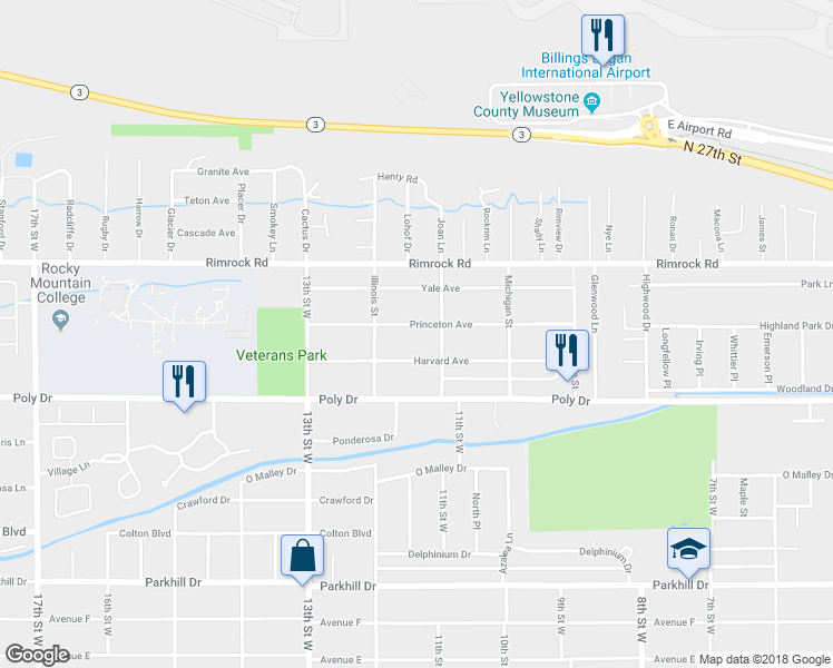 map of restaurants, bars, coffee shops, grocery stores, and more near 1116 Princeton Avenue in Billings