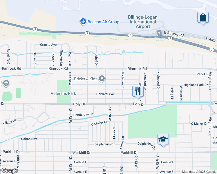 map of restaurants, bars, coffee shops, grocery stores, and more near 1040 Princeton Avenue in Billings