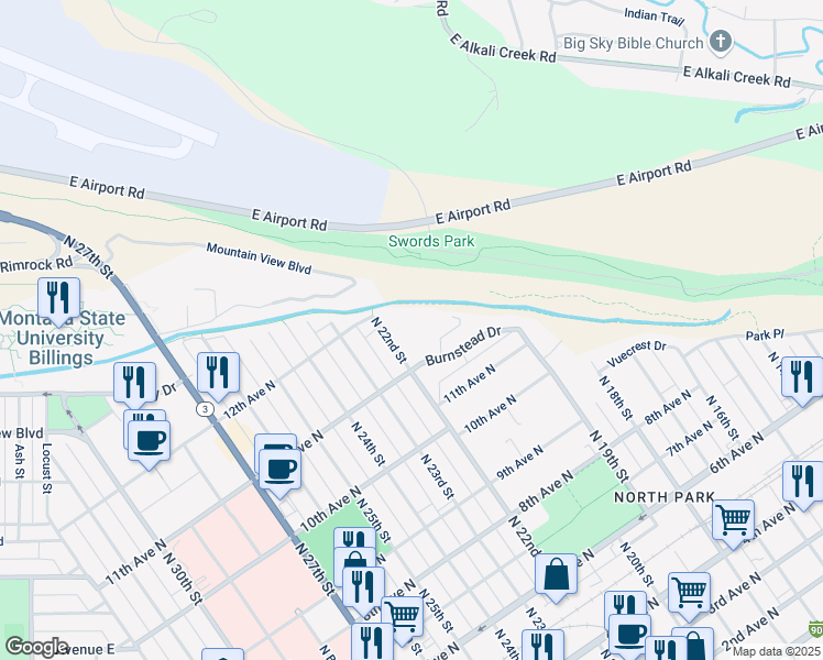 map of restaurants, bars, coffee shops, grocery stores, and more near 1105 North 22nd Street in Billings