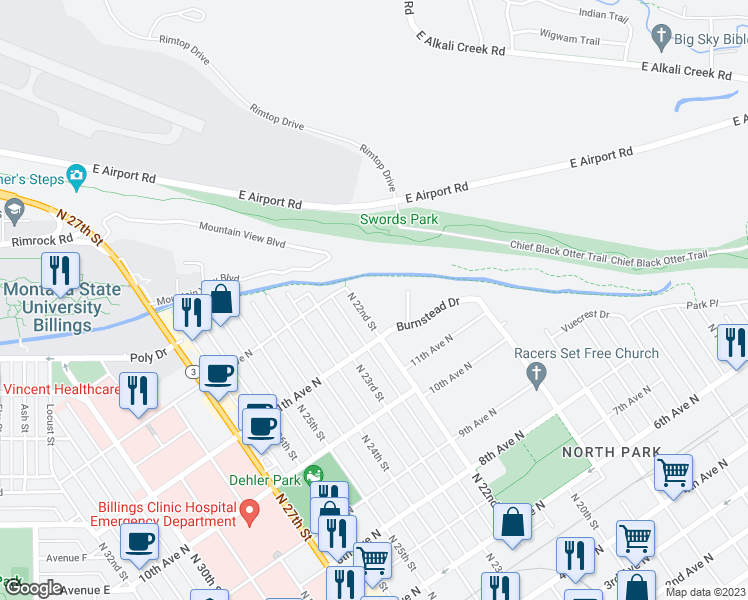 map of restaurants, bars, coffee shops, grocery stores, and more near 1105 North 22nd Street in Billings