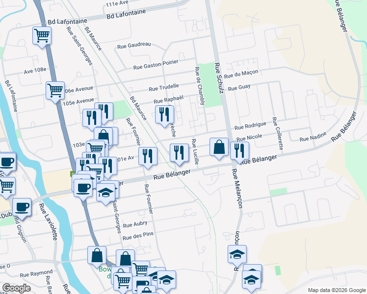 map of restaurants, bars, coffee shops, grocery stores, and more near 106 Rue Nicole in Saint-Jérôme