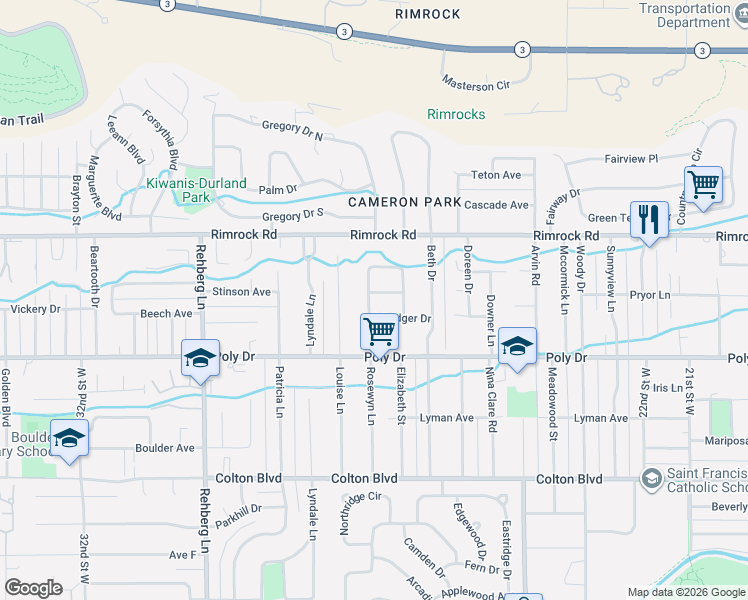 map of restaurants, bars, coffee shops, grocery stores, and more near 2610 West Bridger Drive in Billings