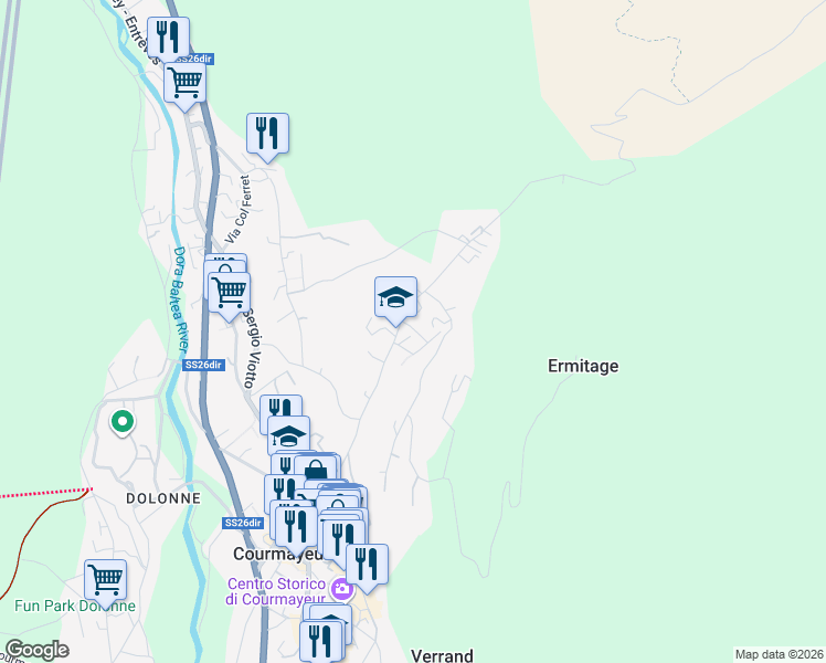map of restaurants, bars, coffee shops, grocery stores, and more near 5 Via Rue Santa Barbara in Courmayeur