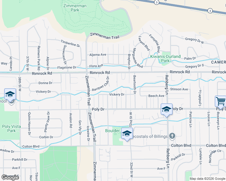 map of restaurants, bars, coffee shops, grocery stores, and more near 3300 Racquet Club Drive in Billings