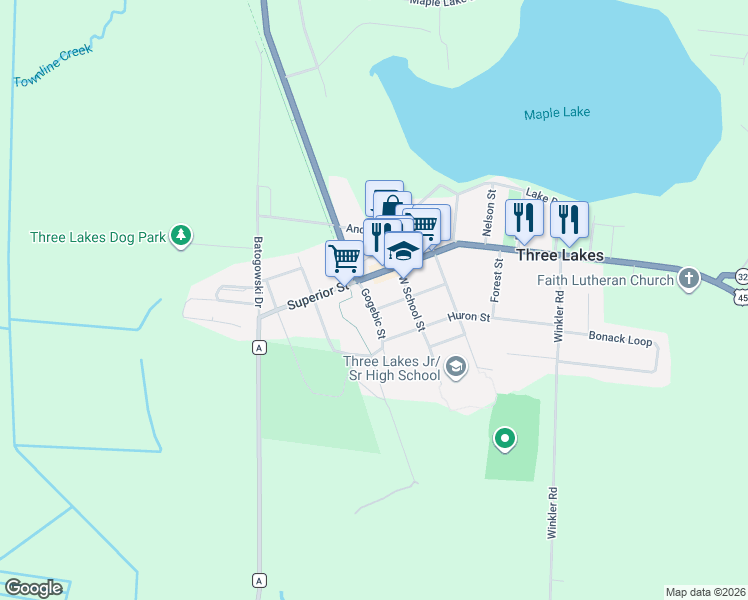map of restaurants, bars, coffee shops, grocery stores, and more near 6966 Gogebic Street in Three Lakes