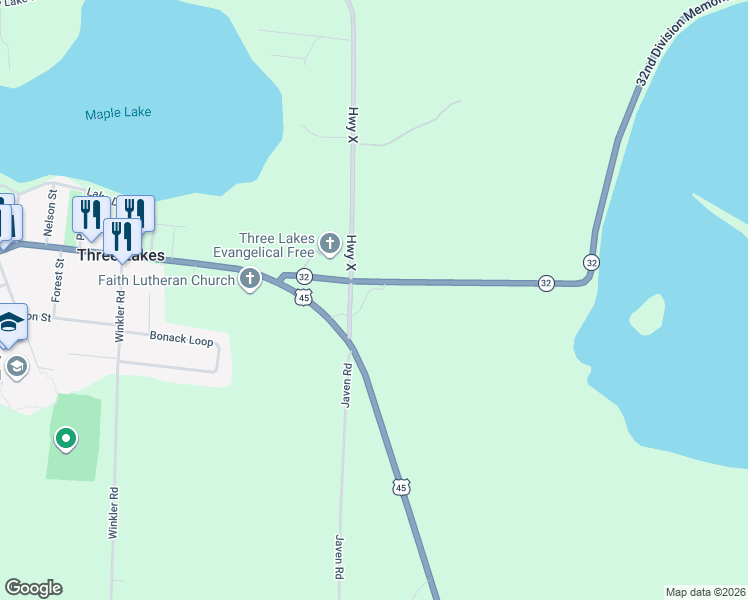 map of restaurants, bars, coffee shops, grocery stores, and more near 1593 Wisconsin 32 in Three Lakes