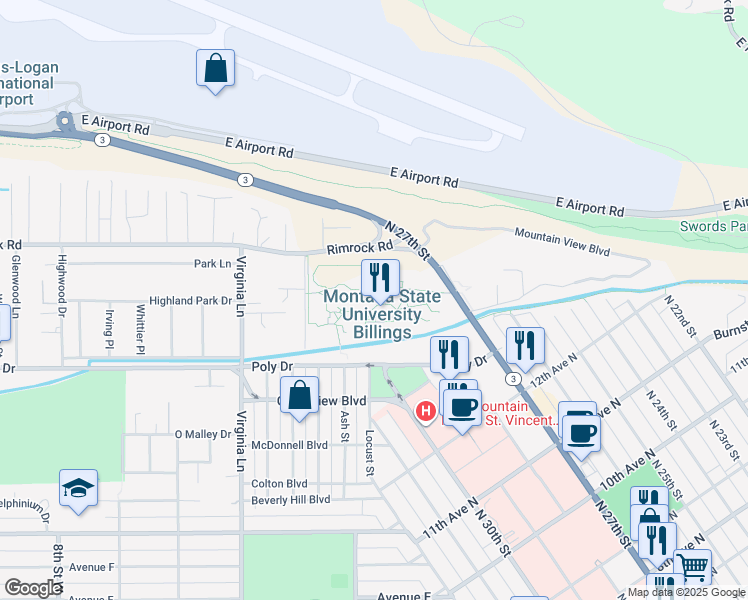 map of restaurants, bars, coffee shops, grocery stores, and more near 1500 University Drive in Billings