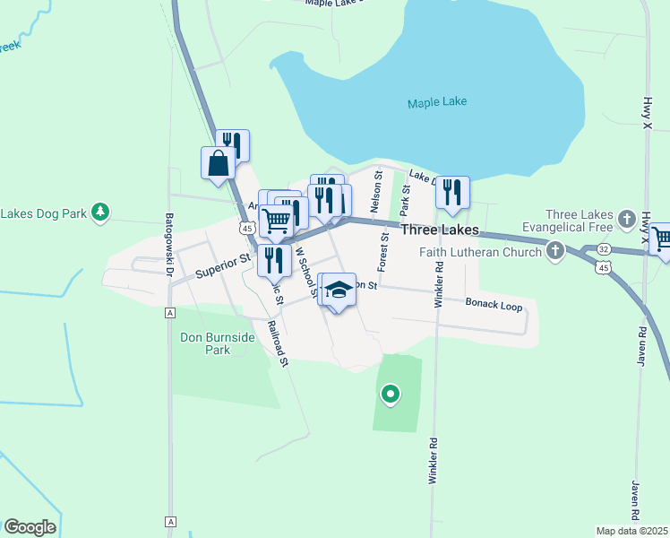 map of restaurants, bars, coffee shops, grocery stores, and more near 1766 Huron Street in Three Lakes