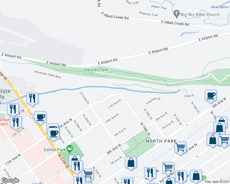 map of restaurants, bars, coffee shops, grocery stores, and more near 1917 Burnstead Drive in Billings