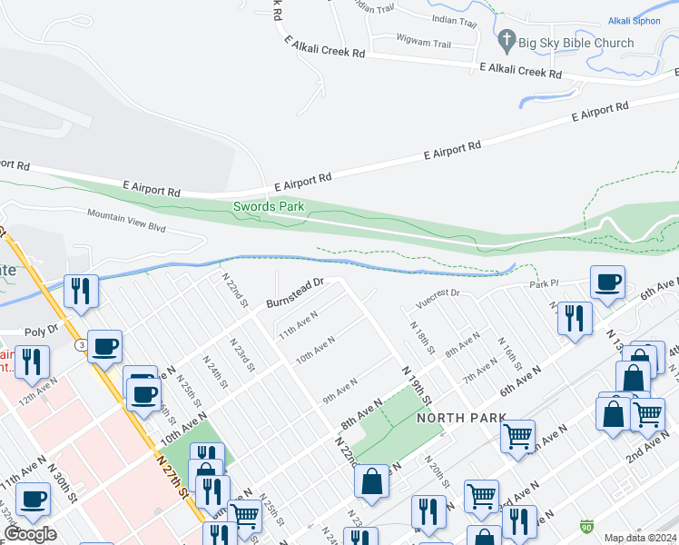 map of restaurants, bars, coffee shops, grocery stores, and more near 1905 Burnstead Drive in Billings
