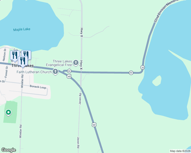 map of restaurants, bars, coffee shops, grocery stores, and more near 1593 Wisconsin 32 in Three Lakes