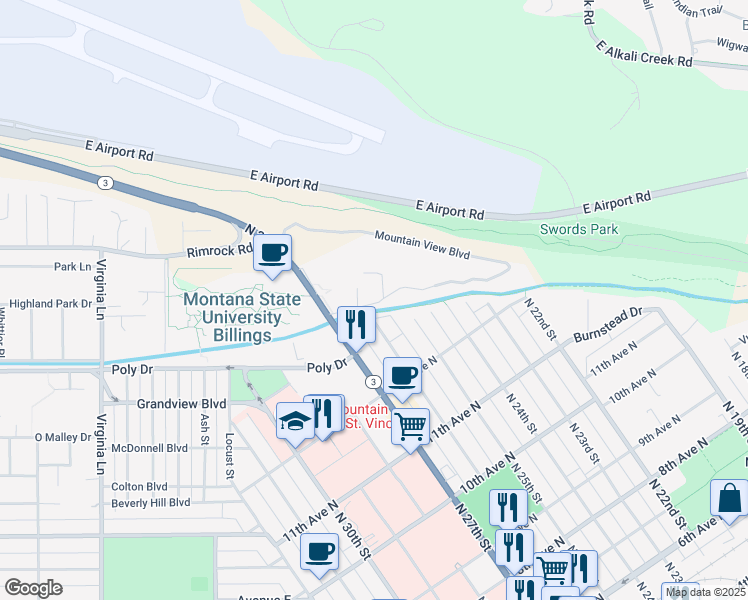 map of restaurants, bars, coffee shops, grocery stores, and more near 1257 North 26th Street in Billings