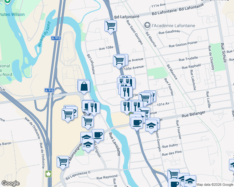 map of restaurants, bars, coffee shops, grocery stores, and more near 125 Terrasse Dubé in Saint-Jérôme