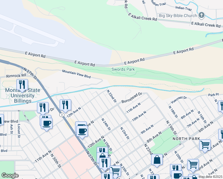map of restaurants, bars, coffee shops, grocery stores, and more near 1105 North 22nd Street in Billings