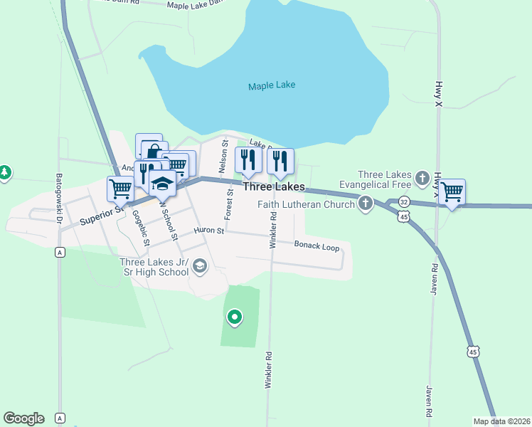 map of restaurants, bars, coffee shops, grocery stores, and more near 6964 Winkler Road in Three Lakes