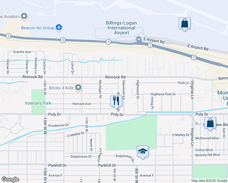 map of restaurants, bars, coffee shops, grocery stores, and more near 911 Princeton Avenue in Billings