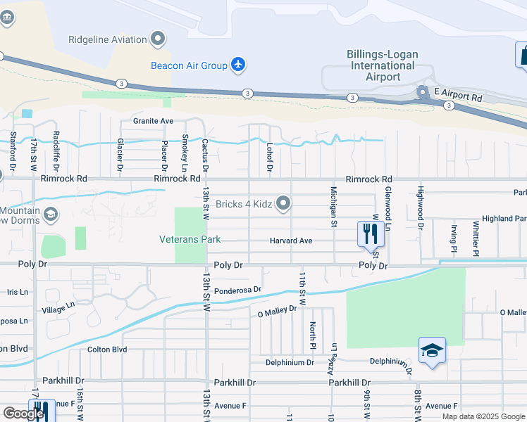 map of restaurants, bars, coffee shops, grocery stores, and more near 1116 Princeton Avenue in Billings