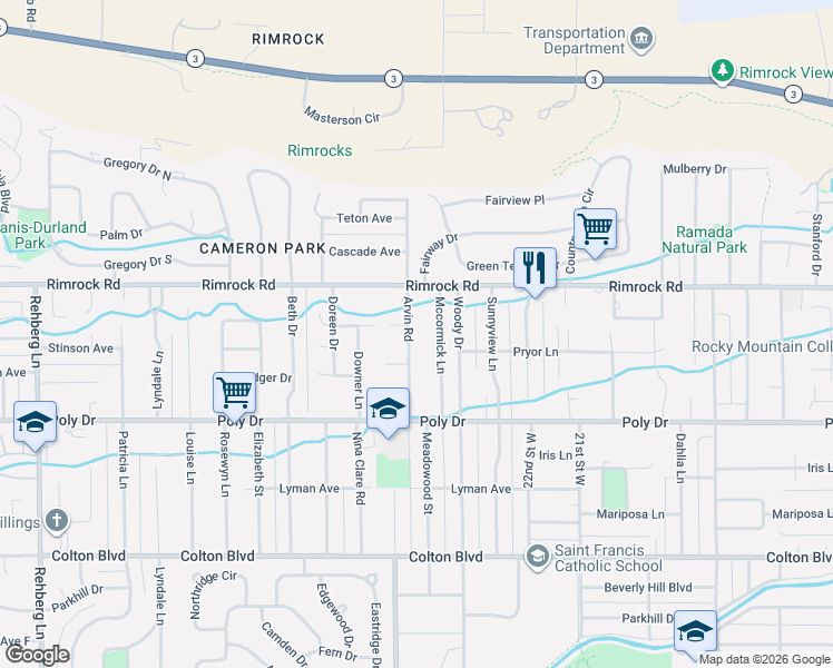 map of restaurants, bars, coffee shops, grocery stores, and more near 2849-2889 Arvin Road in Billings